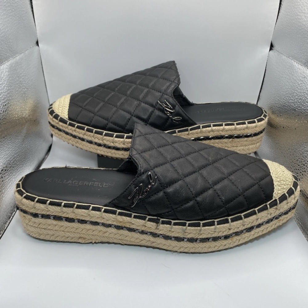 Karl Lagerfeld Black Quilted Espadrille Mule with Natural Jute Trim